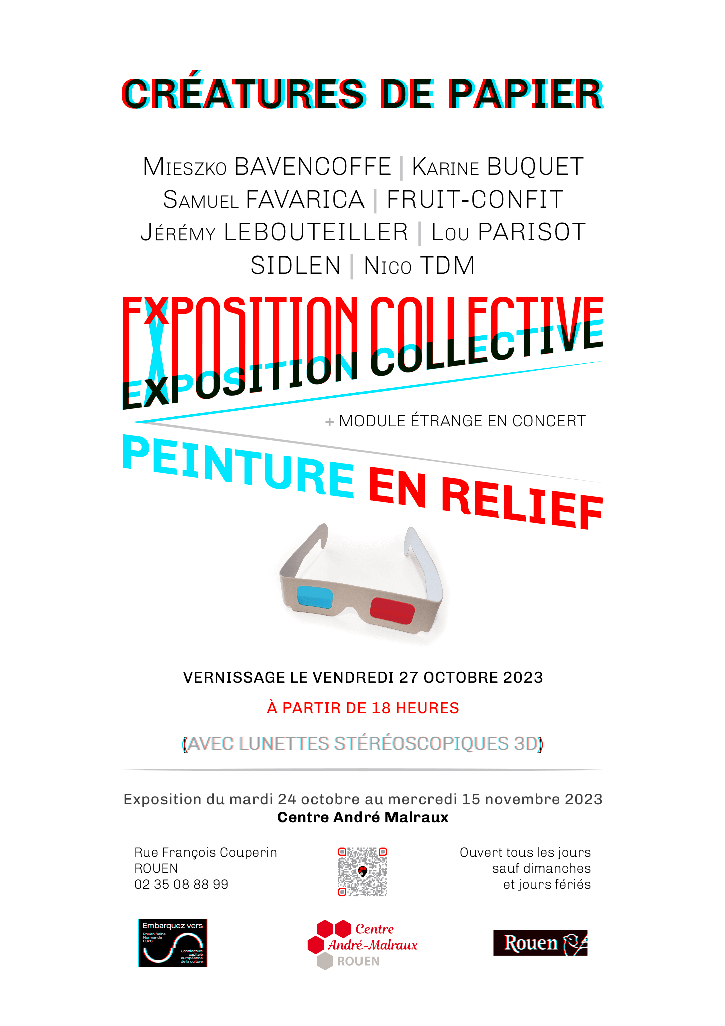 Créatures de papier Affiche de l’exposition Créatures de papier édition 2023 au centre André Malraux de Rouen dans le cadre de l’évènement Automne Curieux