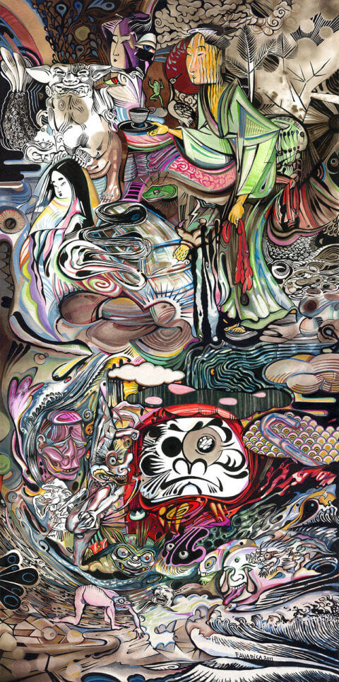 Inspiration japonaise – Aquarelle sur papier réhaussée d'encre de Chine