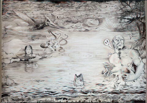 La Créature du marais – 114 × 162 cm – Encre de Chine et encre à l’alcool sur papier marouflé sur toile en lin naturel d’après le film L'Étrange Créature du lac noir