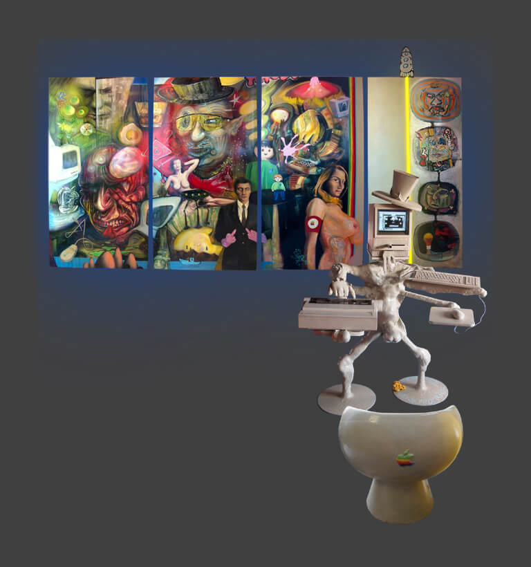 Sculpture, peinture, ordinateur Macintosh 128K – Installation Mac Mania – 2000