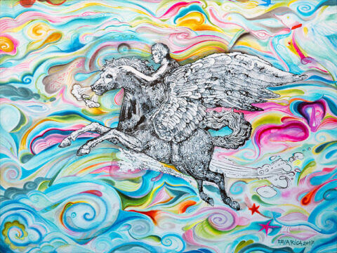 Encre à l'alcool sur papier – Pégase et Bellérophon