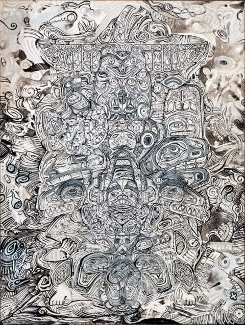 Dessin à l'encre sur papier – Totem noir et blanc (niveaux de gris)