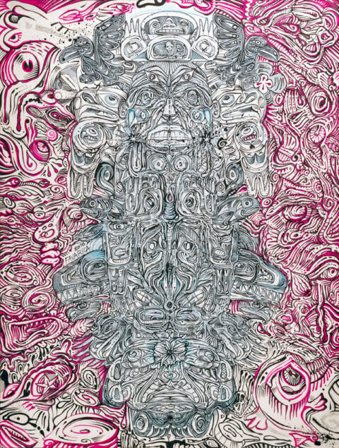 Dessin à l'encre sur papier – Totem rose (magenta)