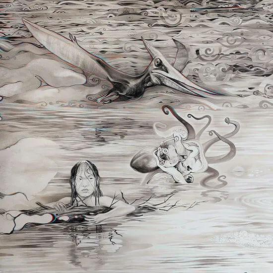 Détail d’une peinture en 3D, anaglyphe, La Créature du marais