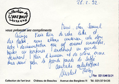 Michel Thévoz Carte de Michel Thévoz dans un courrier personnel